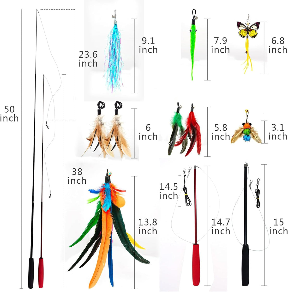 miwoowim 2PCS Retractable Cat Teaser Wands & 9PCS Feather Refills Toy Set