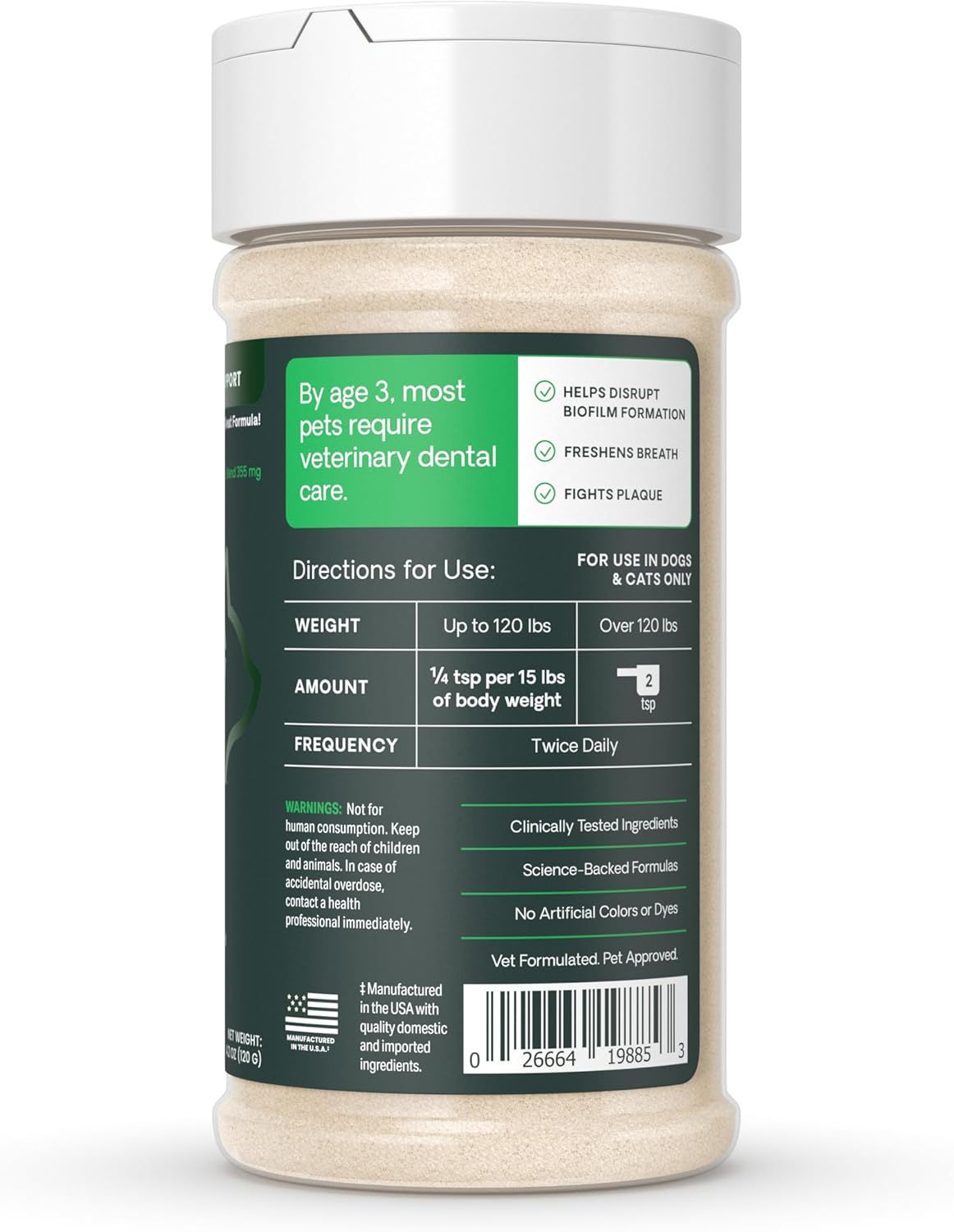 VetriScience Dental Care Powder for Dogs and Cats, 4.2 oz | Helps Reduce Plaque & Tartar Buildup, Clean Teeth & Fresher Breath, Clinically Tested, Vet-Formulated Oral Supplement