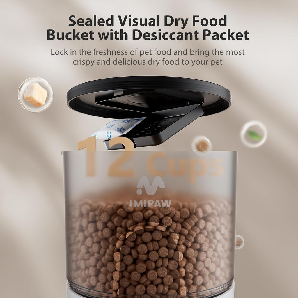 IMIPAW Automatic Cat Feeders, Timed Cat Dry Food Dispenser with Desiccant Bag, Dual Power Supply, Programmable Portion Size, 6 Meals, 20 Portions Per Day, Auto Pet Feeder for Cats and Small Dog, White