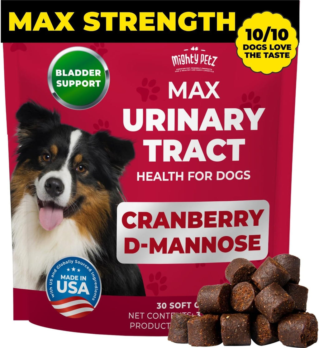 Mighty Petz MAX Cranberry for Dog UTI Treatment - MAX Strength Cranberry Supplement for Dogs + D-Mannose. Bladder Control for Dogs. Urinary Tract Care & Kidney Support Chews
