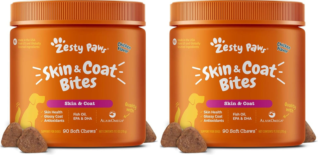 Zesty Paws Omega 3 Alaskan Fish Oil Chew Treats for Dogs - with AlaskOmega for EPA & DHA Fatty Acids - Hip & Joint Support + Skin & Coat Chicken Flavor (90 Soft Chews)