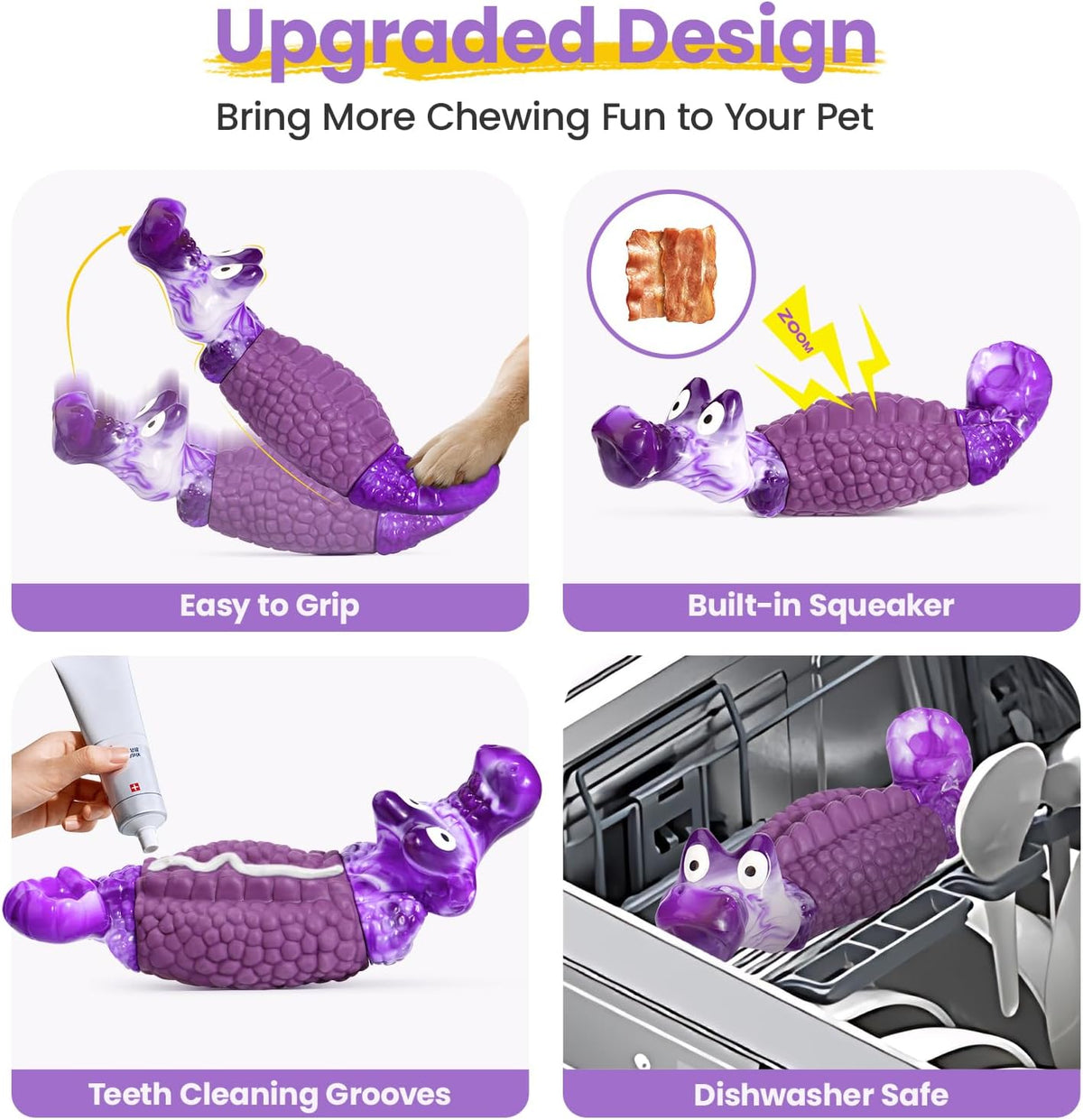 HGB Tough Dog Toys for Aggressive Chewers, Squeaky Indestructible Chew Toy | Alligator Dog Toy for Medium & Large Dogs, Hard Nylon & Natural Rubber, Teeth Cleaning Texture, Bacon Flavor, Keeps Dogs Busy