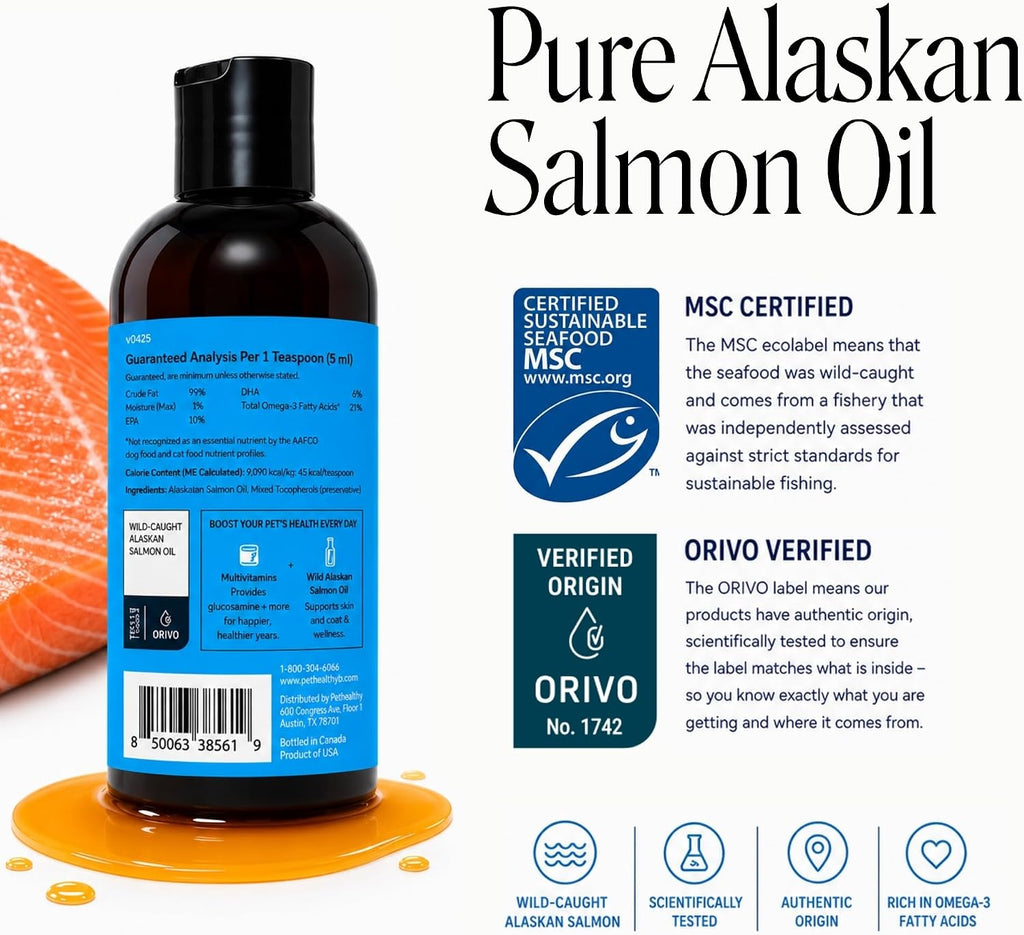 Wild Alaskan Salmon Oil for Dogs + Cats - 100% Pure Natural Omega 3 Fish Oil Supplement for Pet Skin, Coat Health, Allergy Itch Relief, EPA DHA Fatty Acids for Dog Joint Support, Heart Wellness (8 oz)