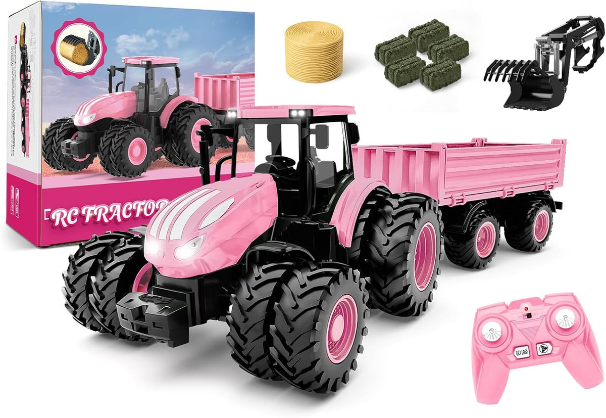 Uarzt Remote Control Tractor Toy with Trailer | Metal Front & Front Loader Farm Vehicle Set with Lights & 8-Wheel Design, RC Tractor Truck for Boys Ages 3-9, Fun Farm Toy Gift for Kids