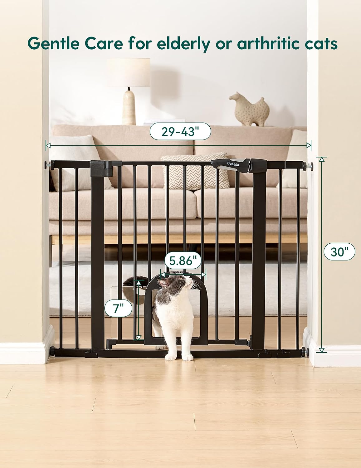 Babelio Baby Gate with Adjustable Cat Door, CatPrivilege III, 29-43"
