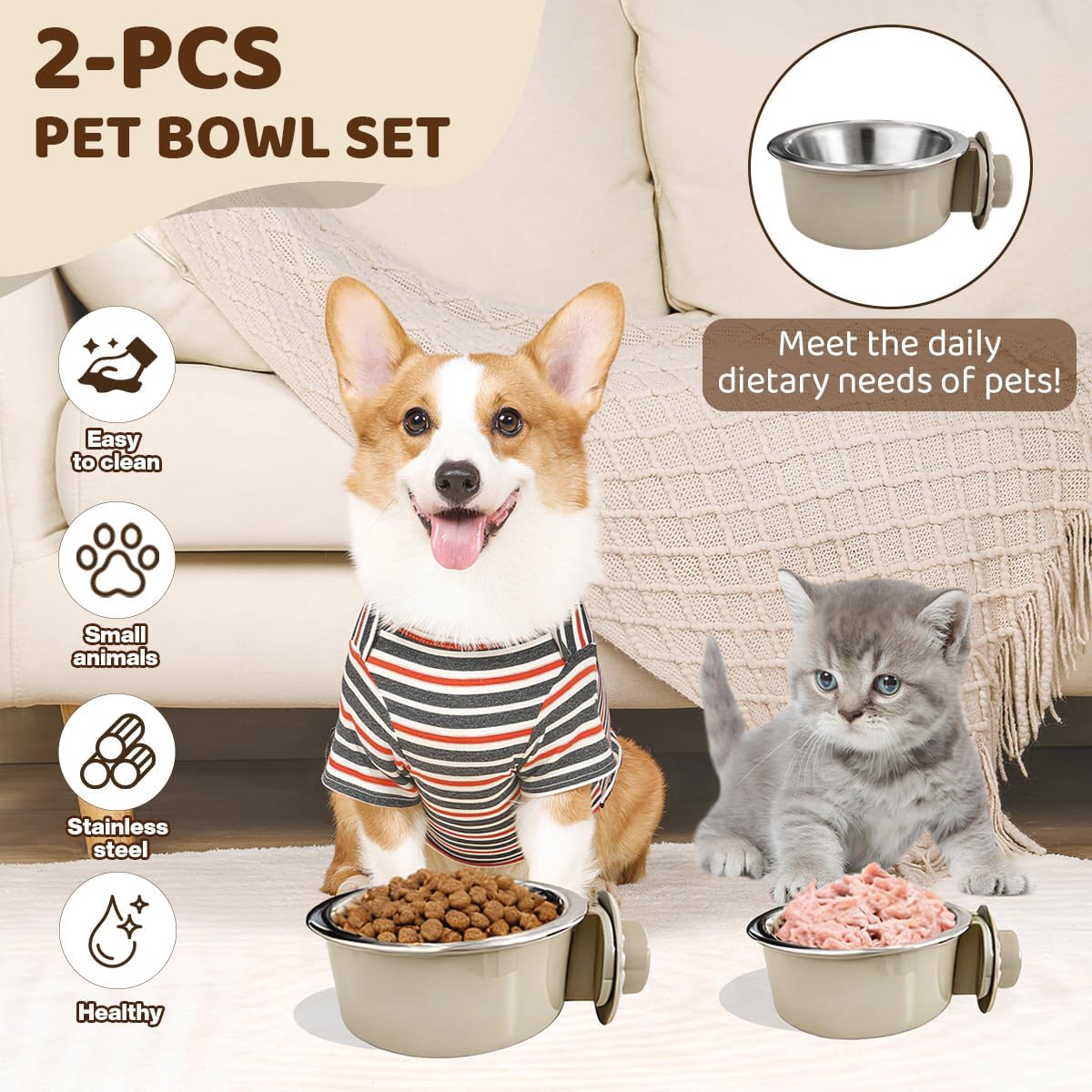 2Pcs Pets Lightweight Stainless Steel Bowl,Removable Stainless Steel Pet Hanging Food Water Feeder Bowl for Puppy Dog Cat Rabbit Ferret Bird Gunea Pigs (Gray-Small)