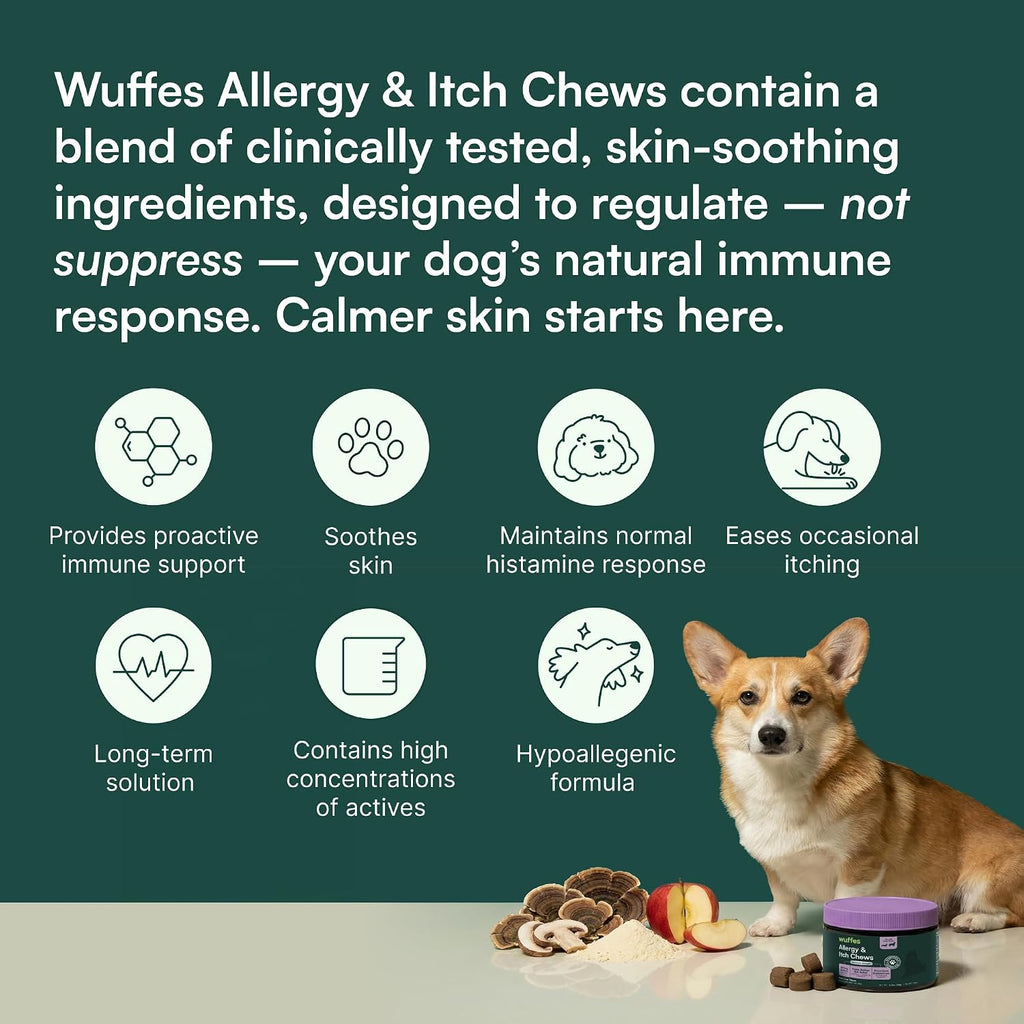 Wuffes Allergy & Itch Chews for Dogs | Supplement for Occasional Allergies. All Breed Sizes. Made with Colostrum, Vitamin E & Omega-3s. Pork Flavor. 60 ct.