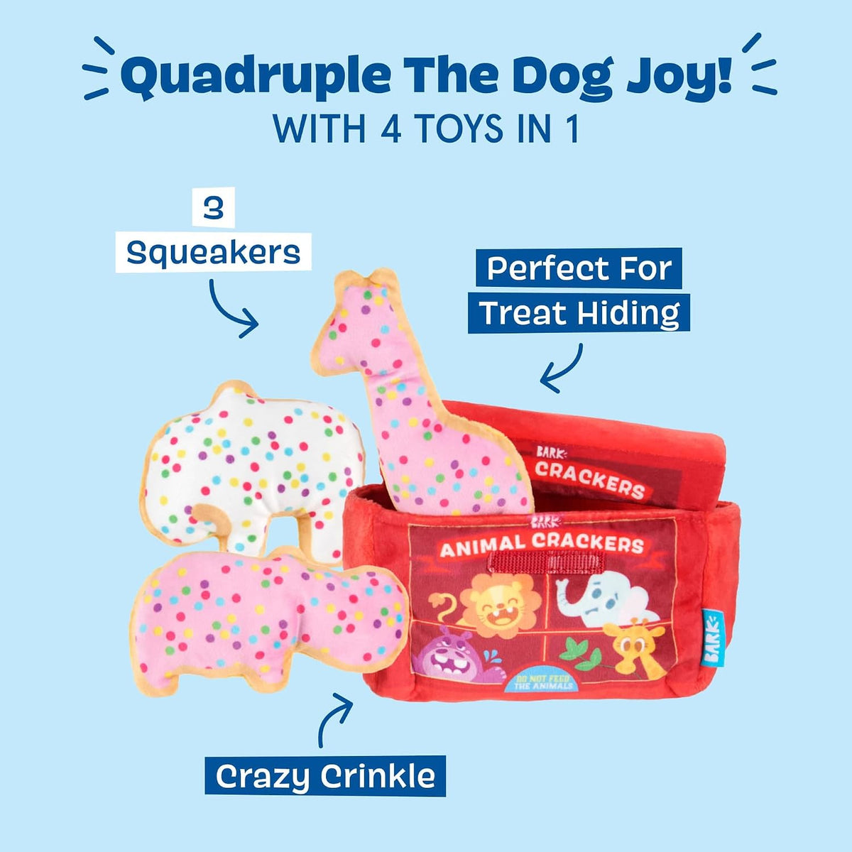 BarkBox Animal Squeakers 4-in-1 Interactive Plush Dog Toy | Squeaky Dog Toys with Crinkle Box and Treat-Hiding - For Extra Small to Small Dogs and Puppies