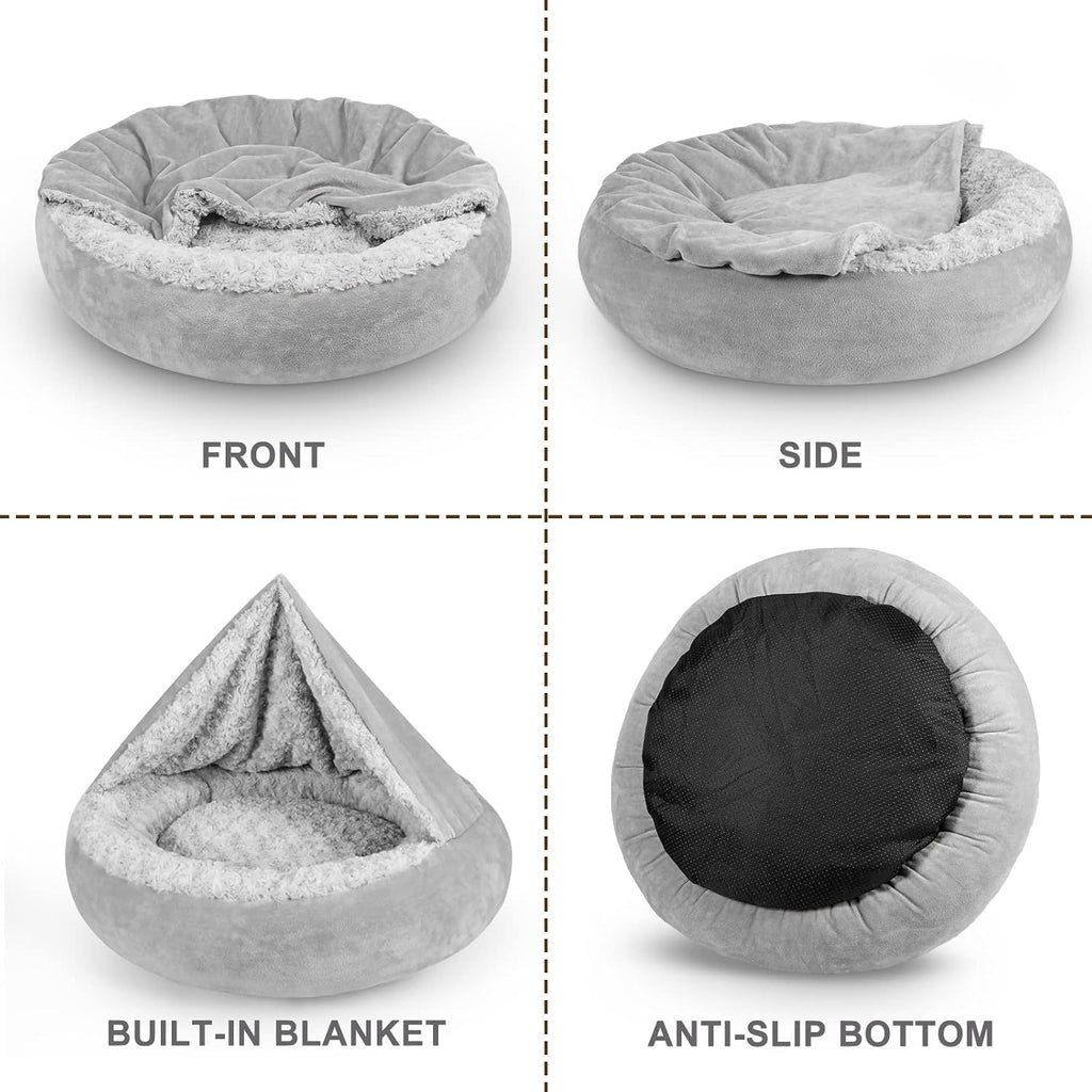 JOEJOY Small Dog Bed Cat Bed with Hooded Blanket, Cozy Cuddler Luxury Puppy Pet Bed, Donut Round Calming Anti-Anxiety Dog Burrow Cave Bed - Anti-Slip Bottom and Machine Washable 23 inch