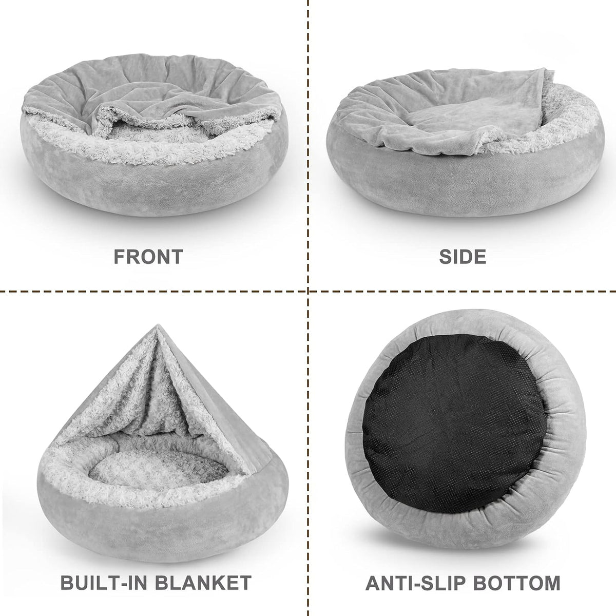 JOEJOY Small Dog Bed Cat Bed with Hooded Blanket, Cozy Cuddler Luxury Puppy Pet Bed, Donut Round Calming Anti-Anxiety Dog Burrow Cave Bed - Anti-Slip Bottom and Machine Washable 23 inch