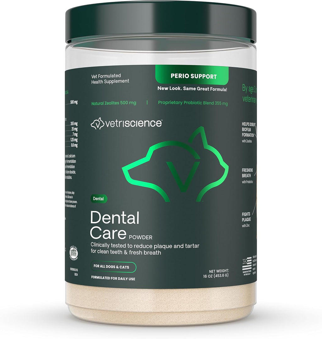 VetriScience Dental Care Powder for Dogs and Cats, 4.2 oz | Helps Reduce Plaque & Tartar Buildup, Clean Teeth & Fresher Breath, Clinically Tested, Vet-Formulated Oral Supplement