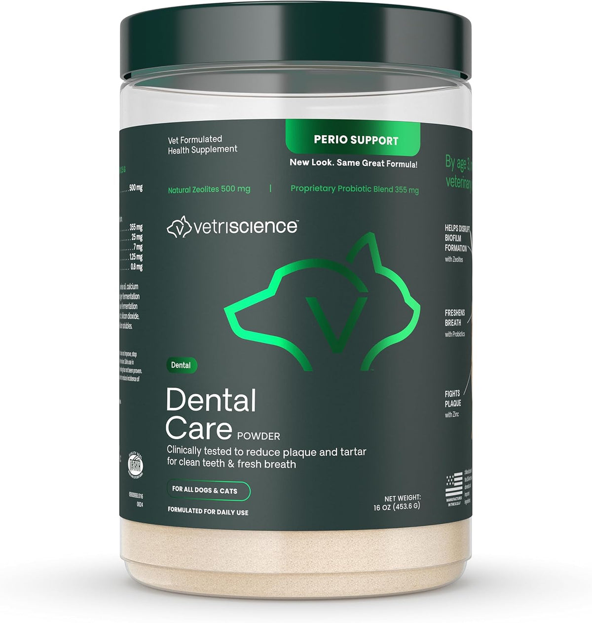 VetriScience Dental Care Powder for Dogs and Cats, 4.2 oz | Helps Reduce Plaque & Tartar Buildup, Clean Teeth & Fresher Breath, Clinically Tested, Vet-Formulated Oral Supplement