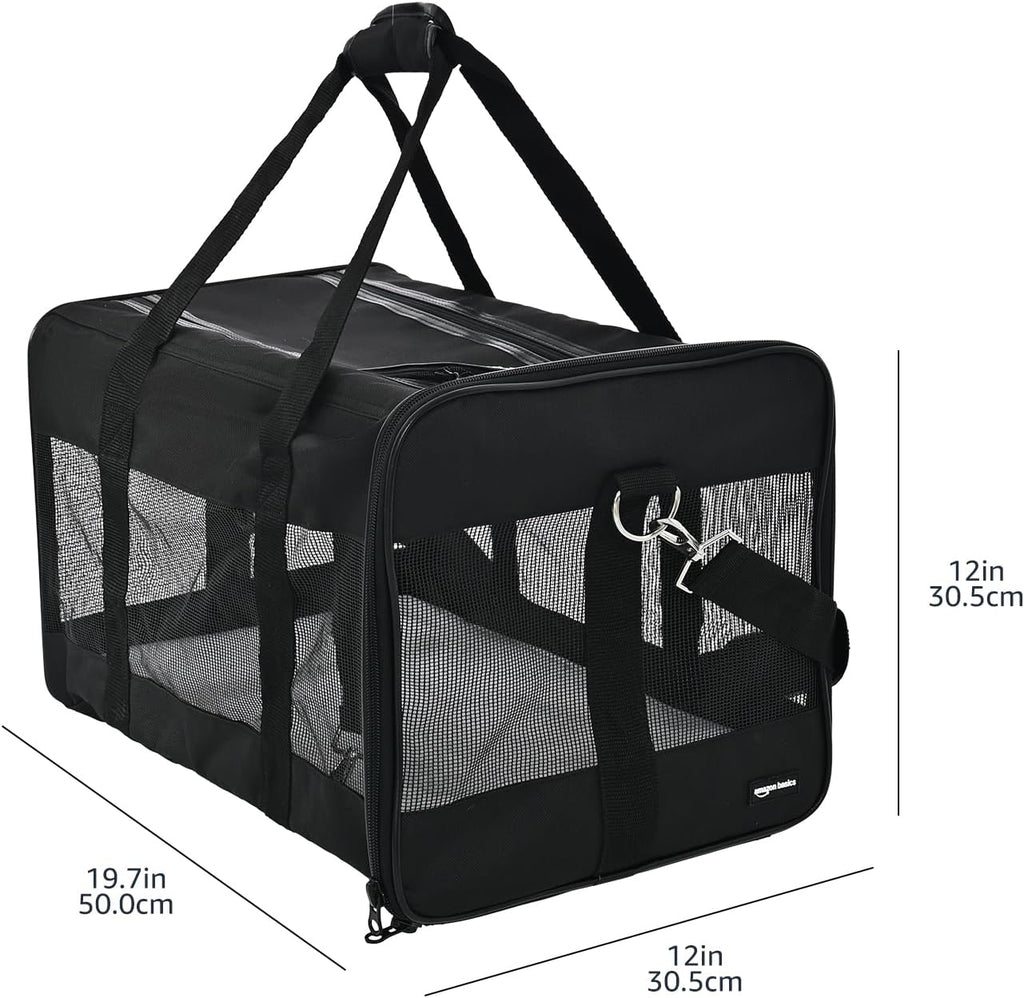 Amazon Basics Airline Approved Soft-Sided Mesh Pet Travel Carrier with Shoulder Strap, Removable Washable Fleece Pad, Top Opening, Ventilation for Dog, Cat, up to 22 pounds, 19.7Lx12Wx12H in., Black