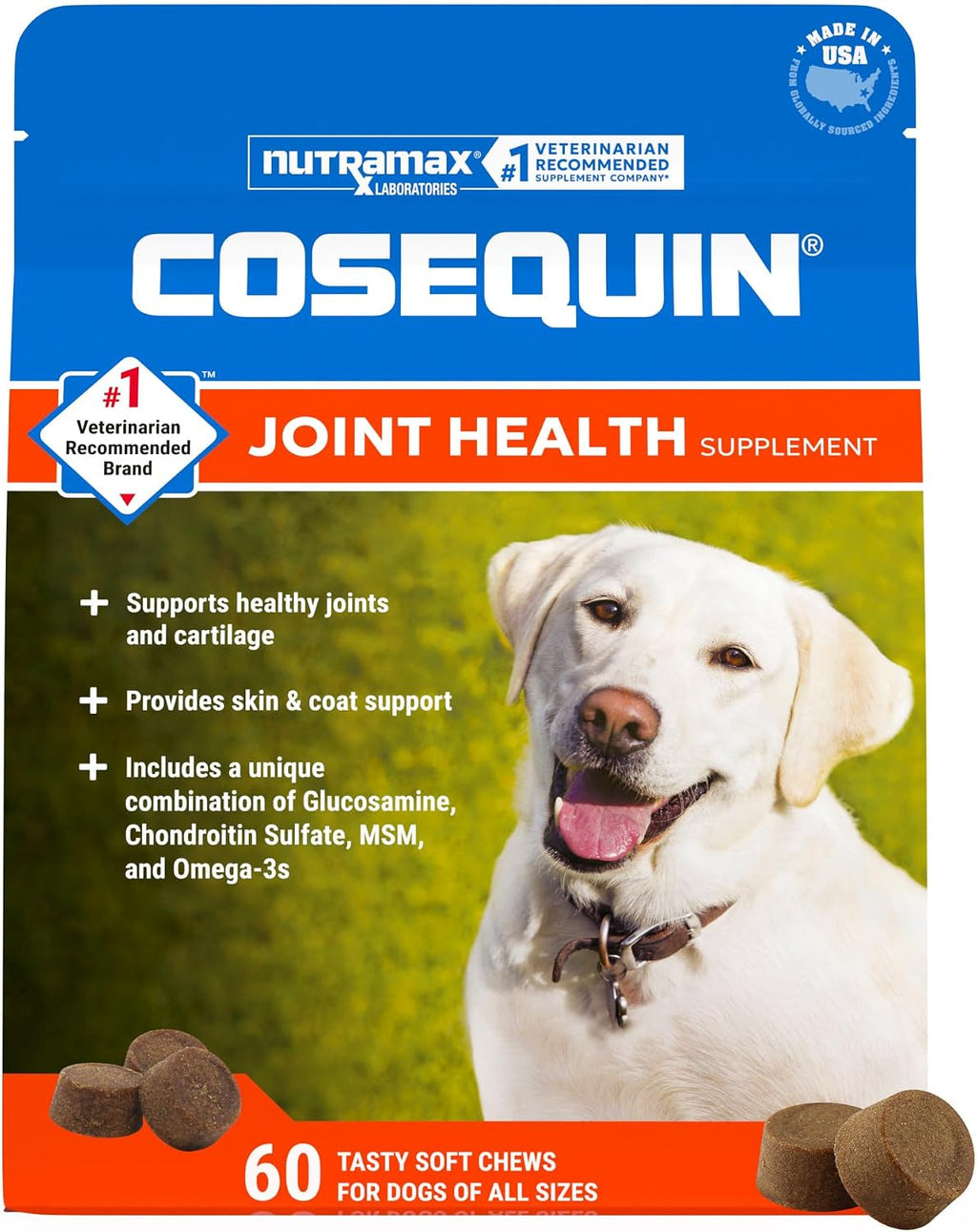 Nutramax Cosequin Dog Joint Supplement, Skin & Coat, Soft Chews, 60ct | Glucosamine & Chondroitin for Dogs with MSM, Omega-3s, Supports Joints, Skin and Coat Health, All Ages & Sizes