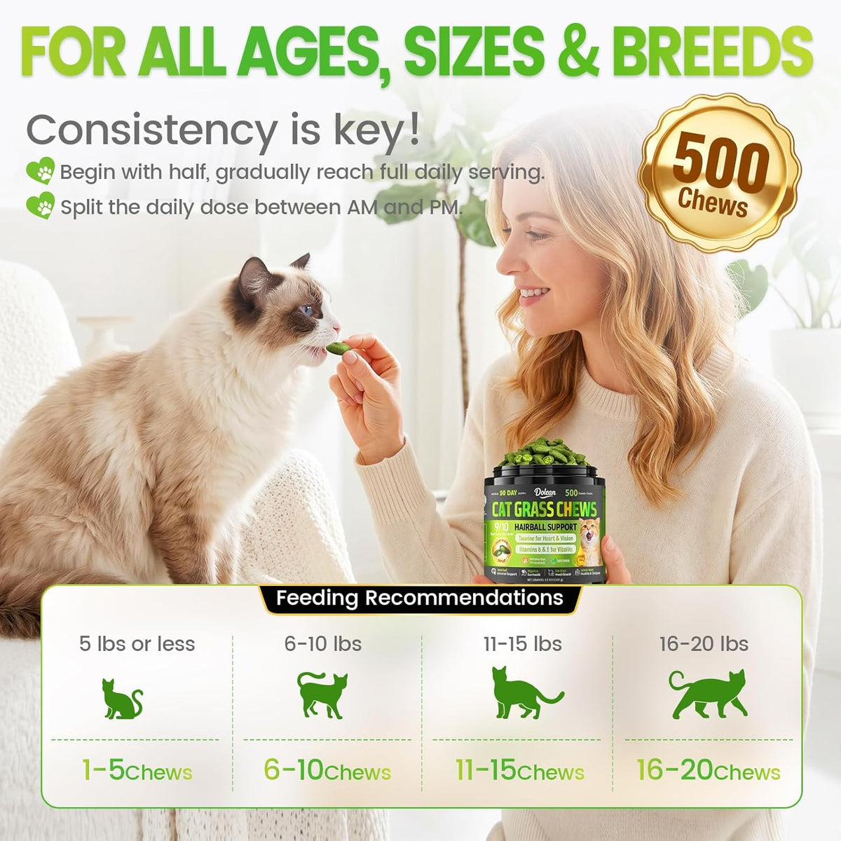 Cat Grass Treats, Hairball Treatment for Cats, for Indoor Cats, 500 Chews