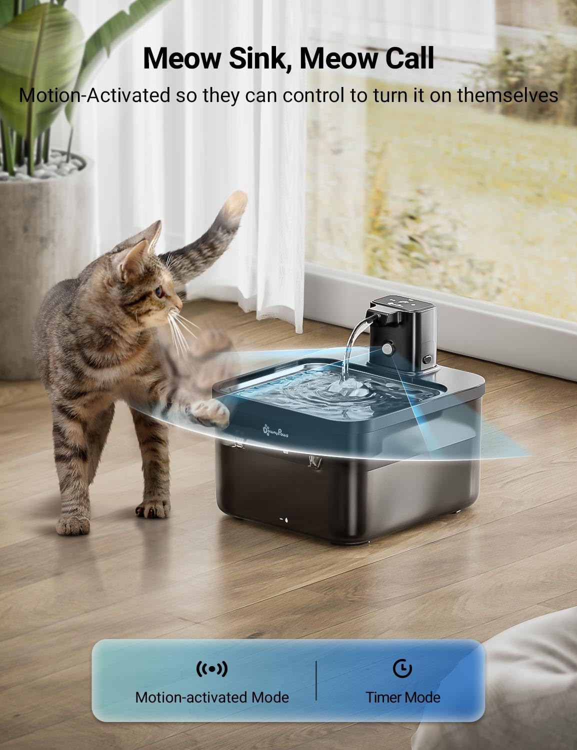 DownyPaws Cat Water Fountain Cordless, Pet Fountain, 84oz/2.5L, Black Pro