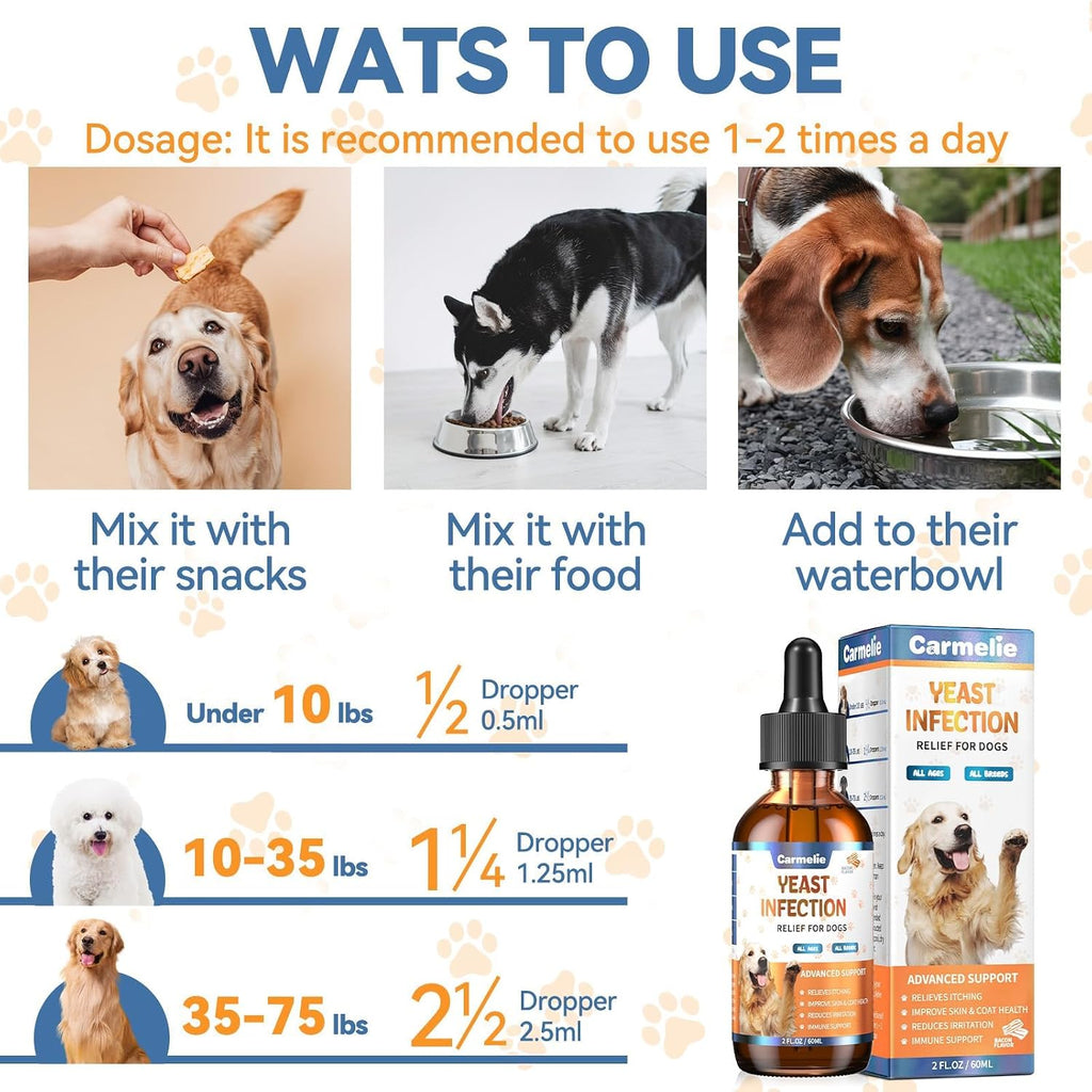 Carmelie Natural Yeast Relief for Dogs, Support Healthy Itch Relief, Ear Paw Discomfort Care, Itch Relief for Dog, Allergy Supports, Inflammation Relief for Dogs, 60ml Bacon Flavor