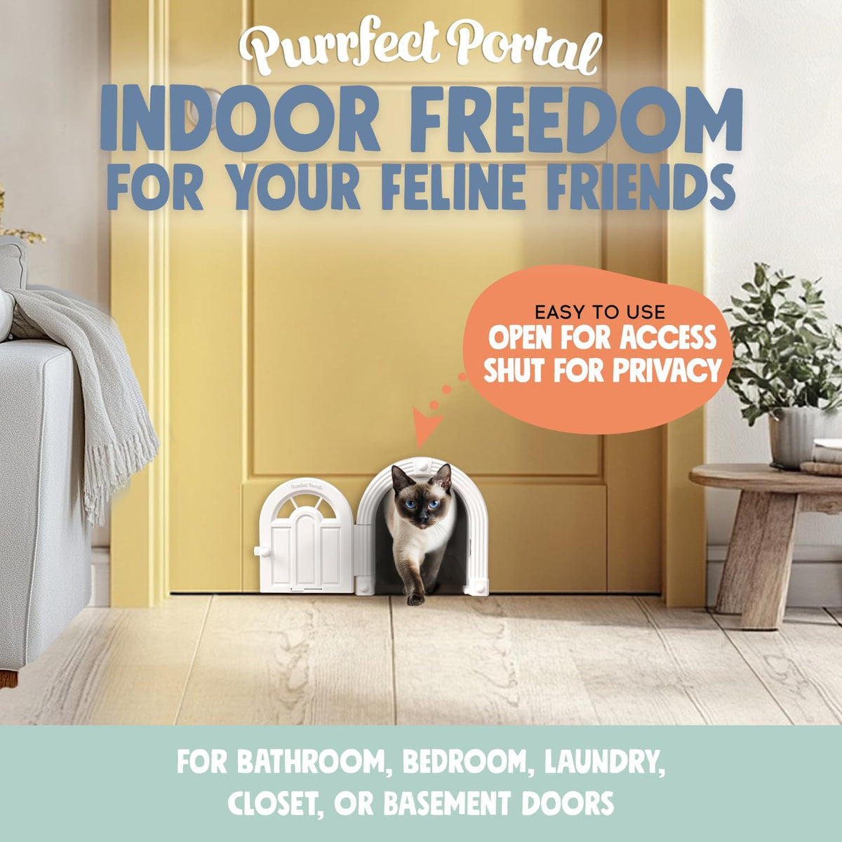 Purrfect Portal Meow Manor® Cat Door Interior Door - No-Flap, Fits Cats Up to 20 lbs, Easy DIY Setup, No Training Needed