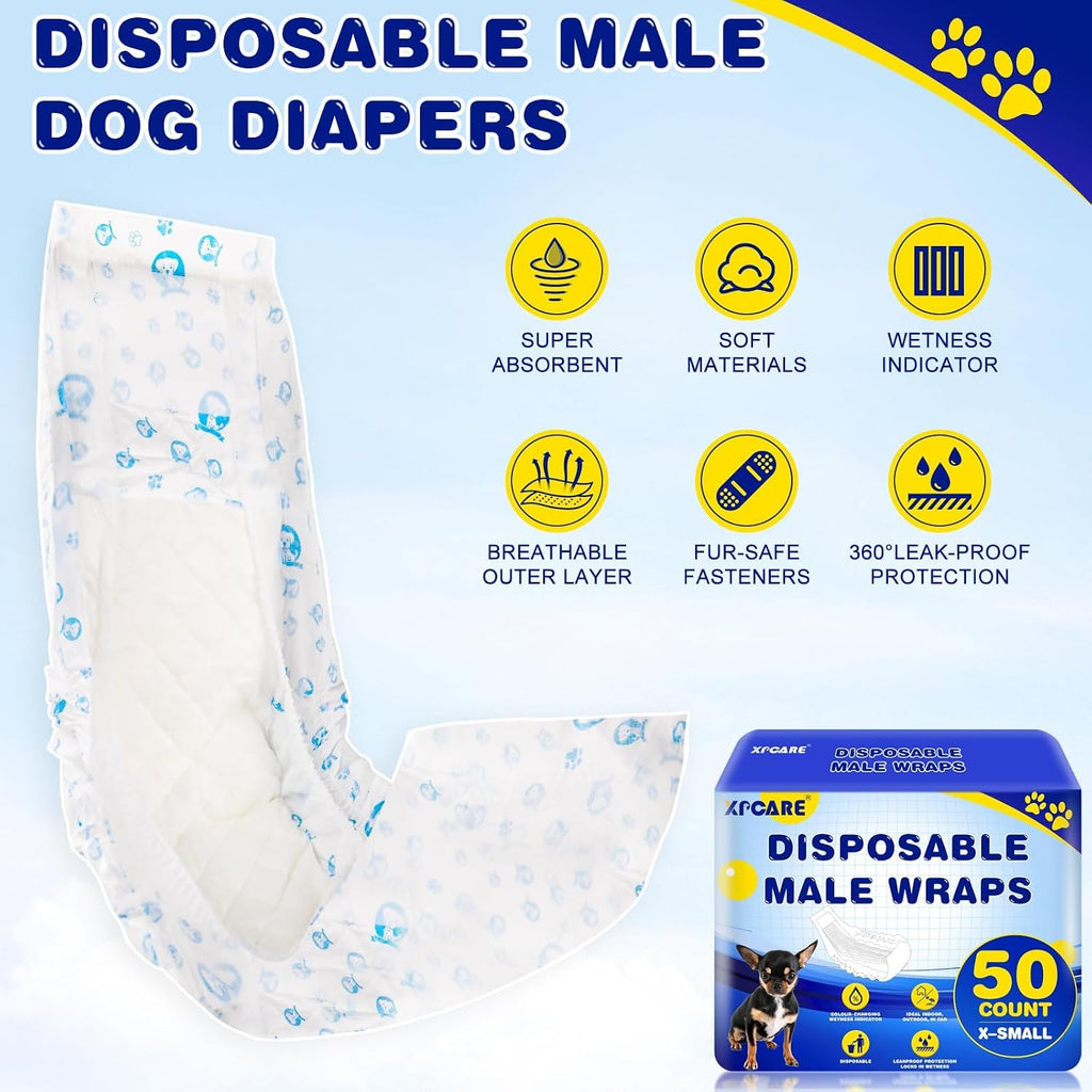 XPCARE 50 Count Disposable Dog Diapers Male with Wetness Indicator(X-Small) | Dog Belly Band Belly Bands for Male Dogs Male Dog Wraps,Super Absorbent Leak-Proof Fit for Incontinence Marking