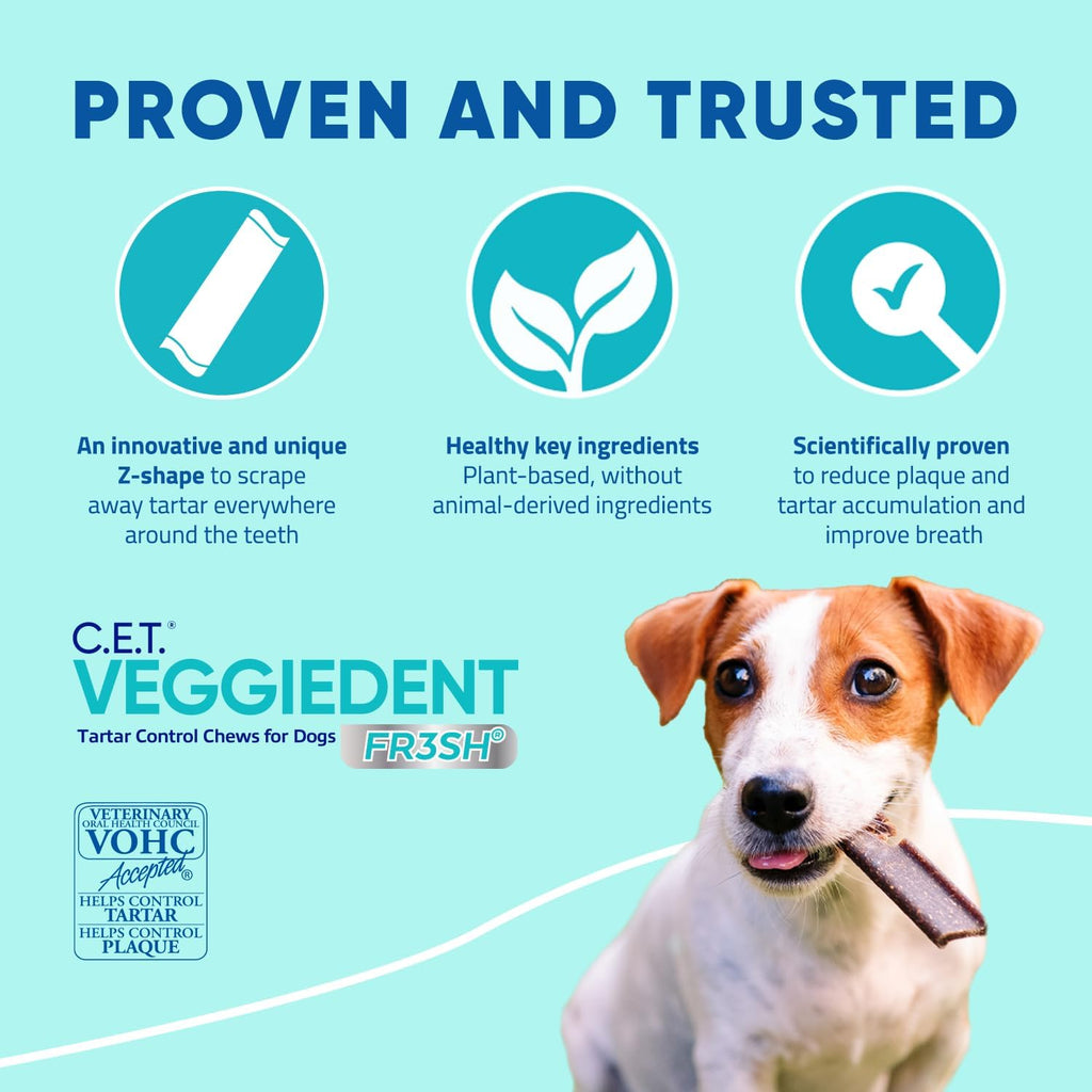 C.E.T. Veggiedent Fr3sh Plaque and Tartar Control Chews for Dogs, Medium | Vet recommended dental chews, plant-based formula, supports canine digestive health, VOHC approved for plaque & tartar