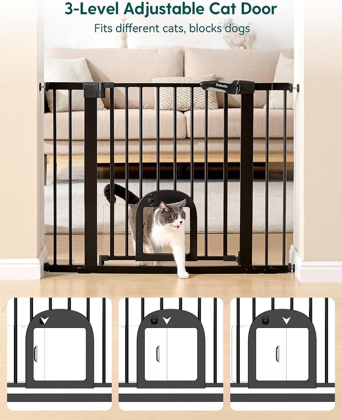Babelio Baby Gate with Adjustable Cat Door, CatPrivilege III, 29-43"