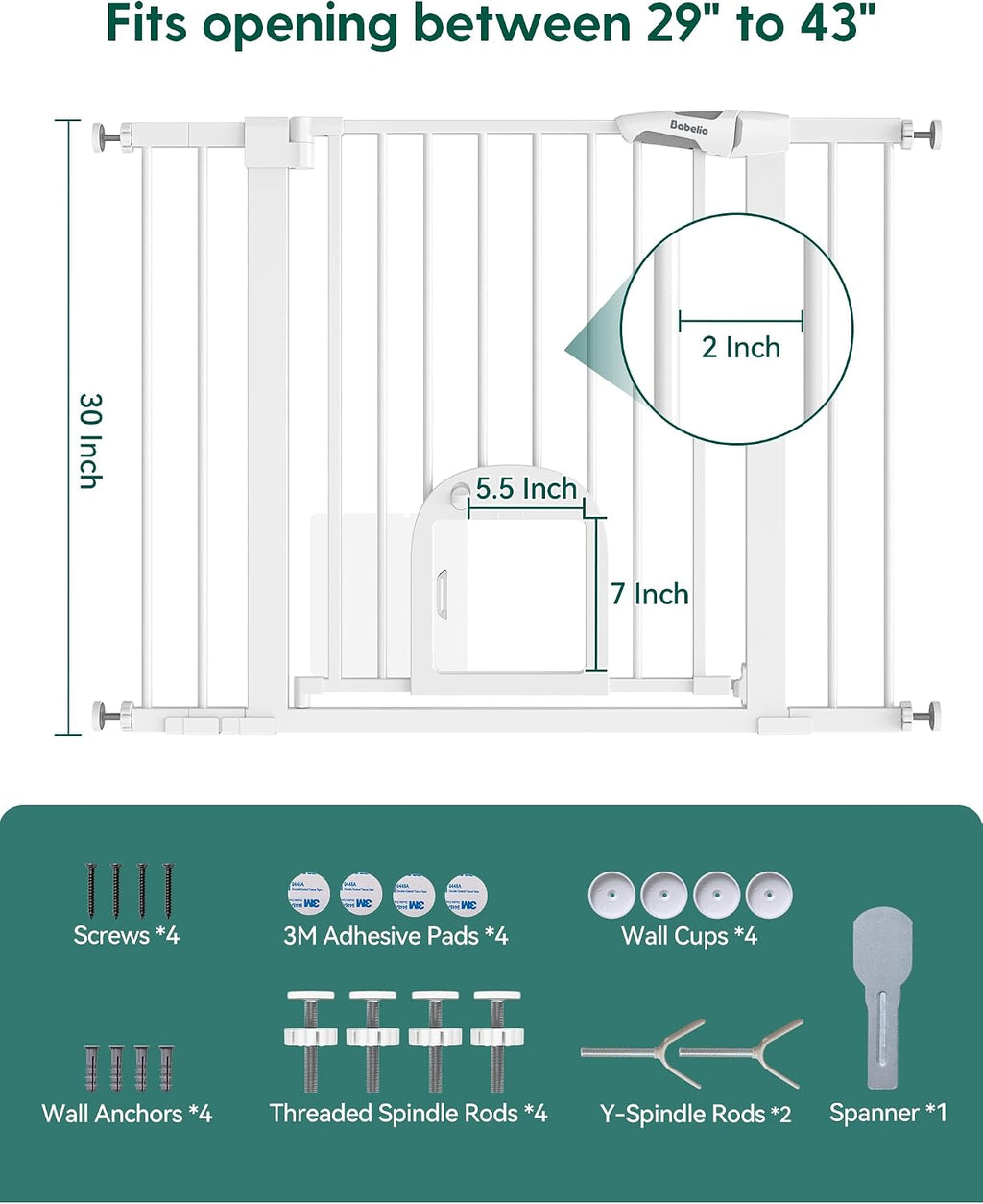 Babelio Baby Gate with Adjustable Cat Door, CatPrivilege III, 29-43"