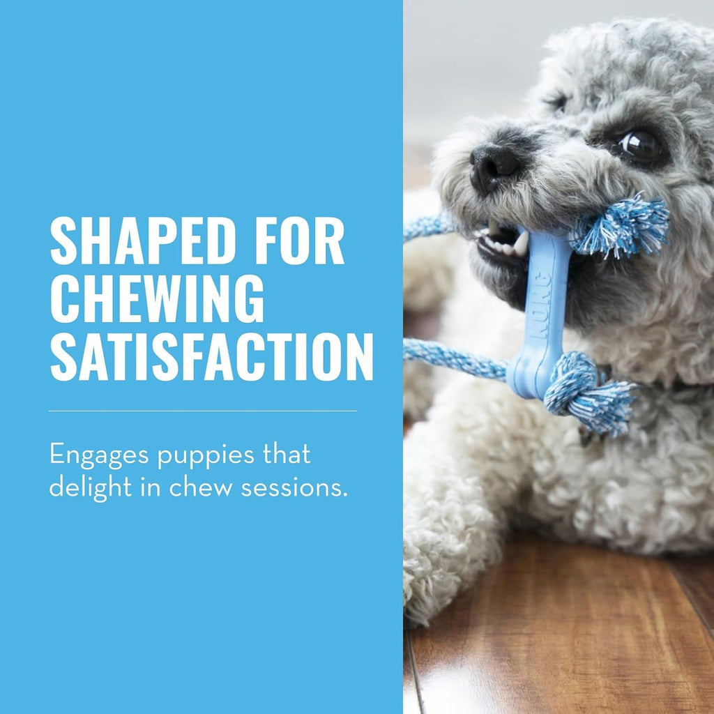 KONG Puppy Goodie Bone with Rope, Natural Rubber, for XS Puppies, Blue | KONG Natural Rubber Bone with a Cotton Rope for Teeth Cleaning & Engaging Chew Play for Growing, Teething Puppies