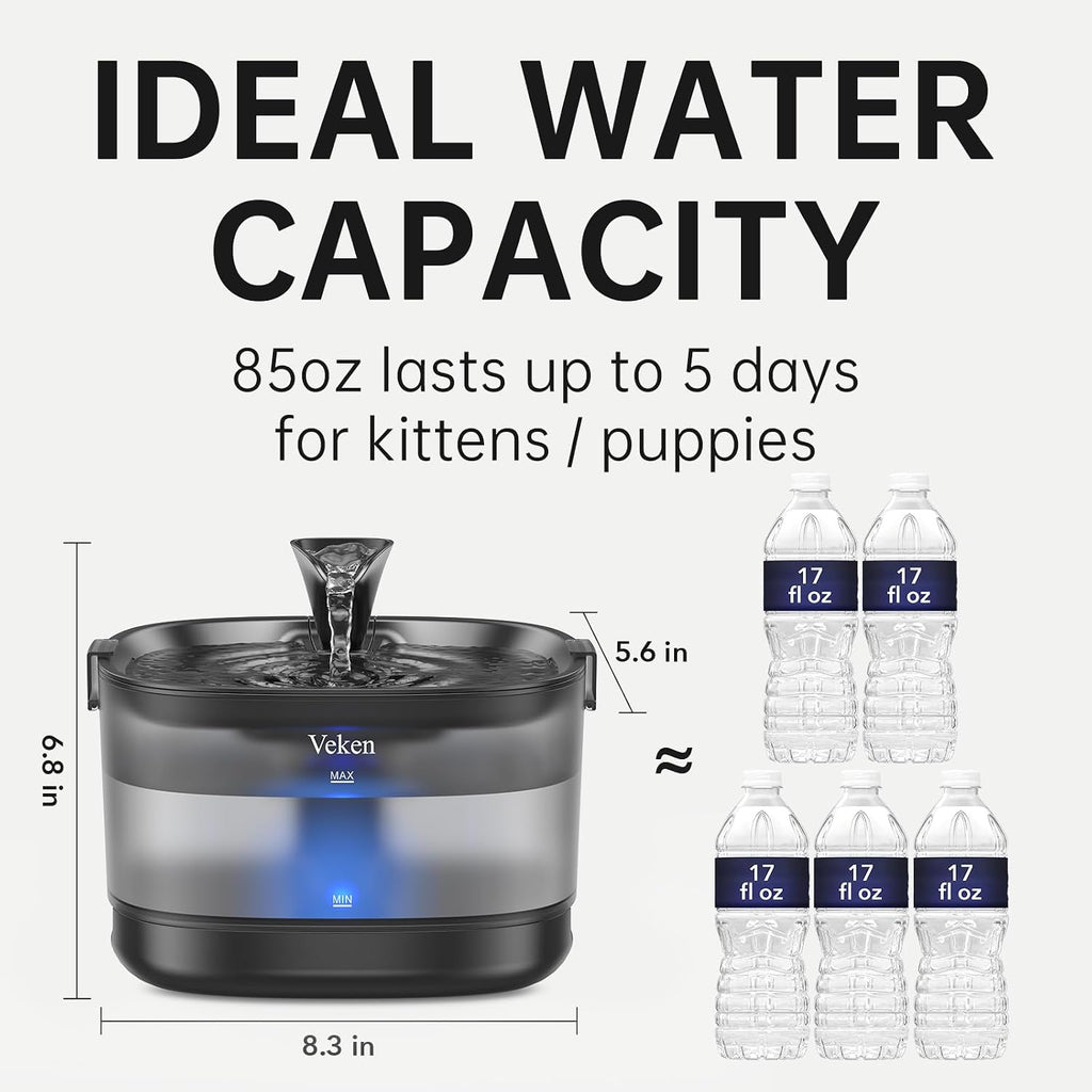 Veken 85oz/2.5L Cat Water Fountain with Detachable Tank & Secure Clips