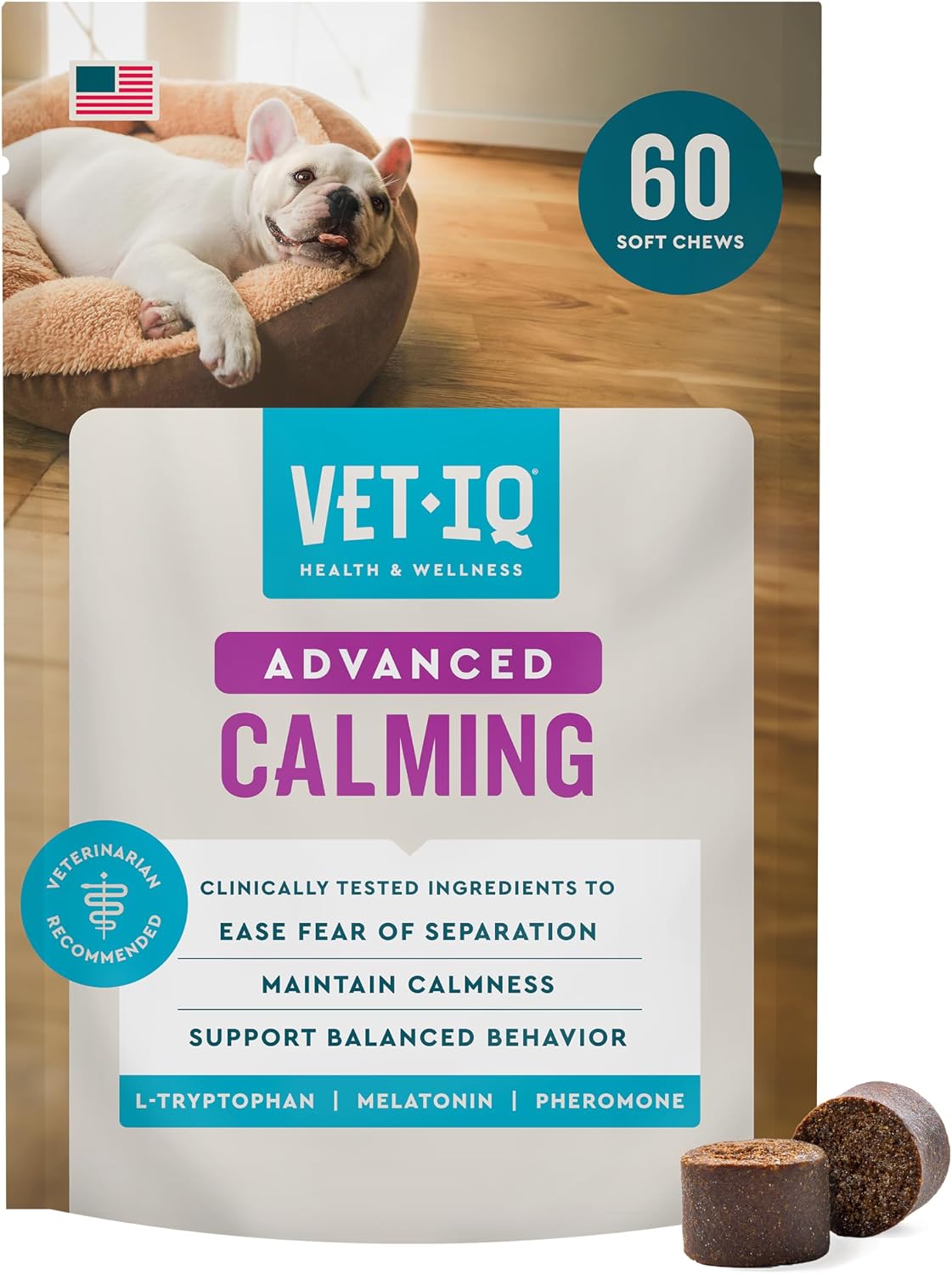 VetIQ Calming Support Supplement, Calming Chews for Dogs Help Manage Stress and Promote Relaxation, Anxiety Relief for Dogs, Made in the USA, 60 Count | Helps manage stress & promote relaxation; daily calming supplement chew; made in USA; ideal for storms