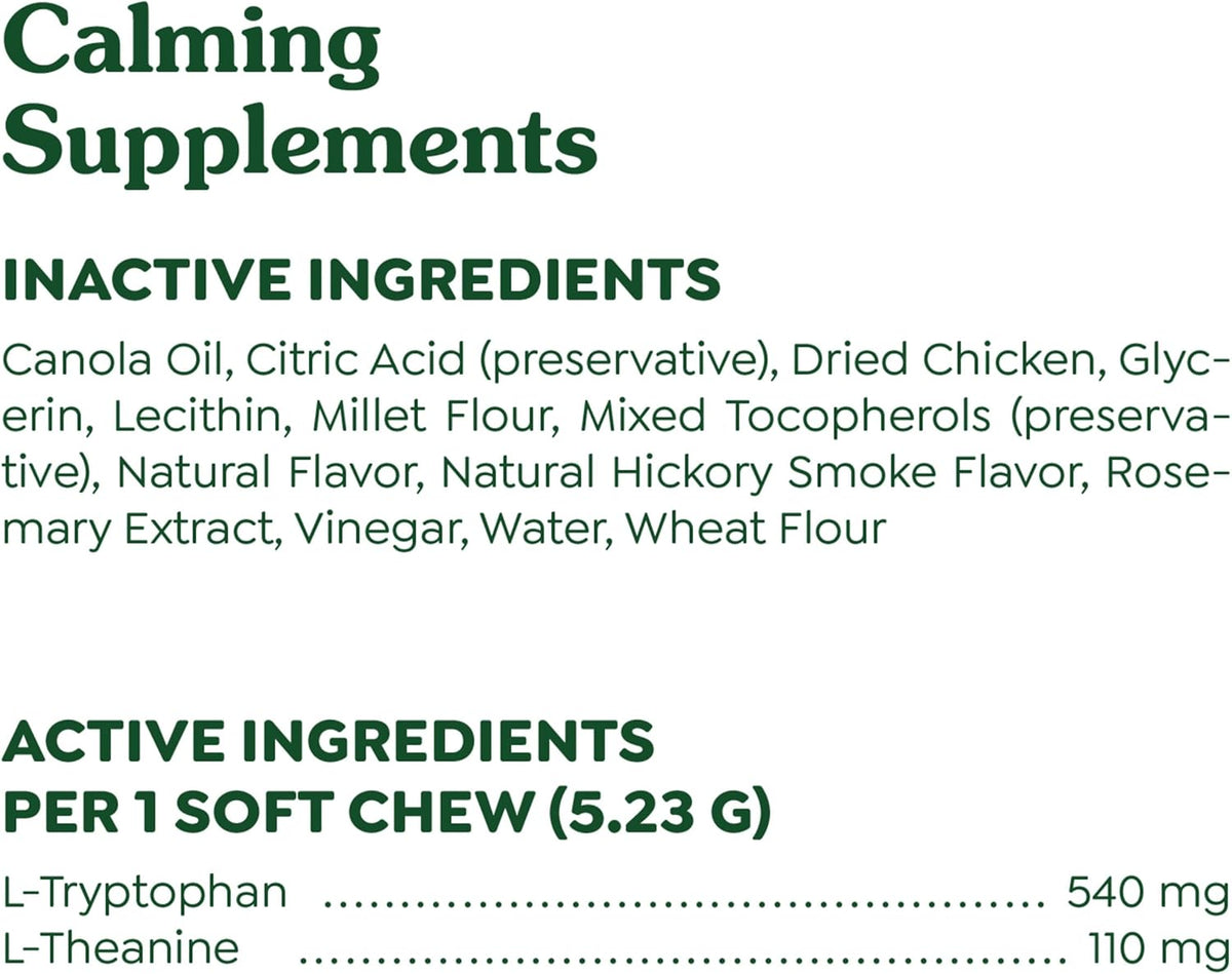 Greenies Supplements Calming Chews for Dogs, Chicken Flavor, 40 Count | L-Tryptophan & L-Theanine, supports positive behavior, made in USA, NASC Quality Seal, real chicken, no fillers