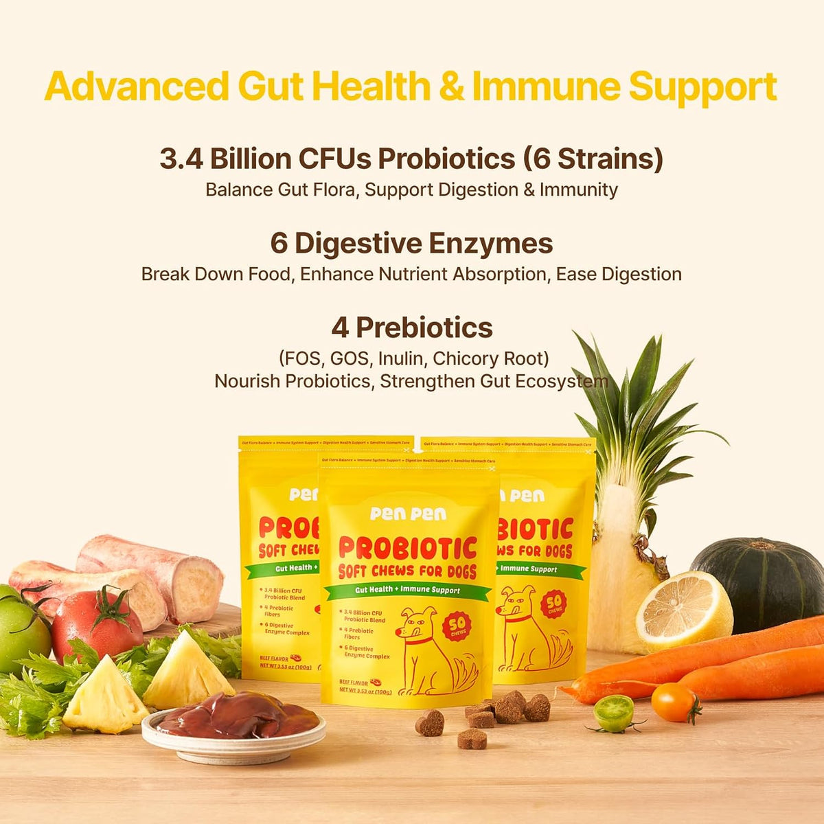 PENPEN Probiotics for Dogs, Dogs Probiotics for Digestive Health, Multi-Probiotic and Enzyme Blend Promote Gut Health & Immune Support, Eases Sensitive Stomachs (Beef Chews, 50ct)