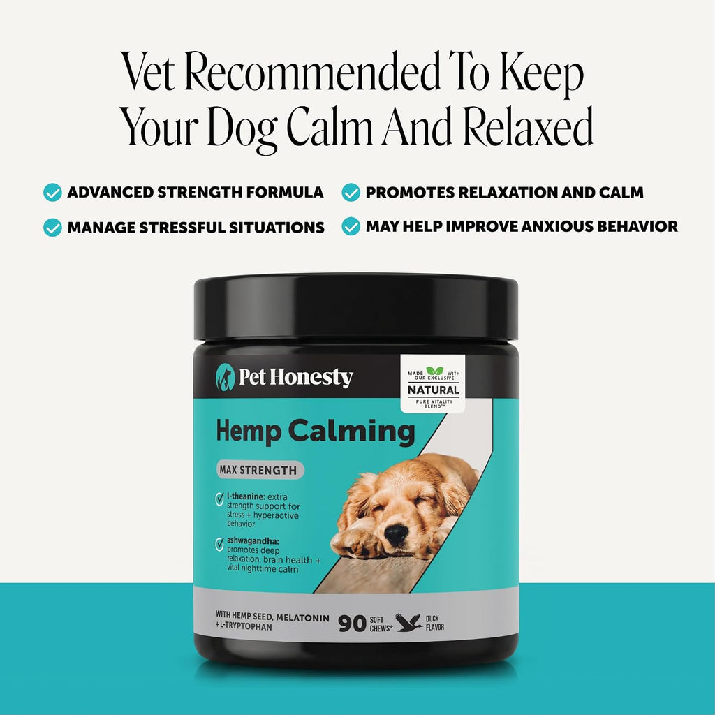 Natural Hemp Calming Chews for Dogs, Maximum Strength Stress Support for Anxiousness with Melatonin & Valerian Root, Non-Sedating Dog Relaxing Chews for Separation, Thunder & Vet Visits – Duck (90 Ct)