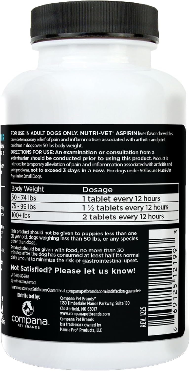 Nutri-Vet Dog Aspirin, Aspirin Tablets for Large Dogs, 300mg, 75 Count | Aspirin for Dogs, Joint Support, Inflammation Care, Large Breeds, Occasional Use, Pet First Aid, Tablet Formula, Easy Dosing