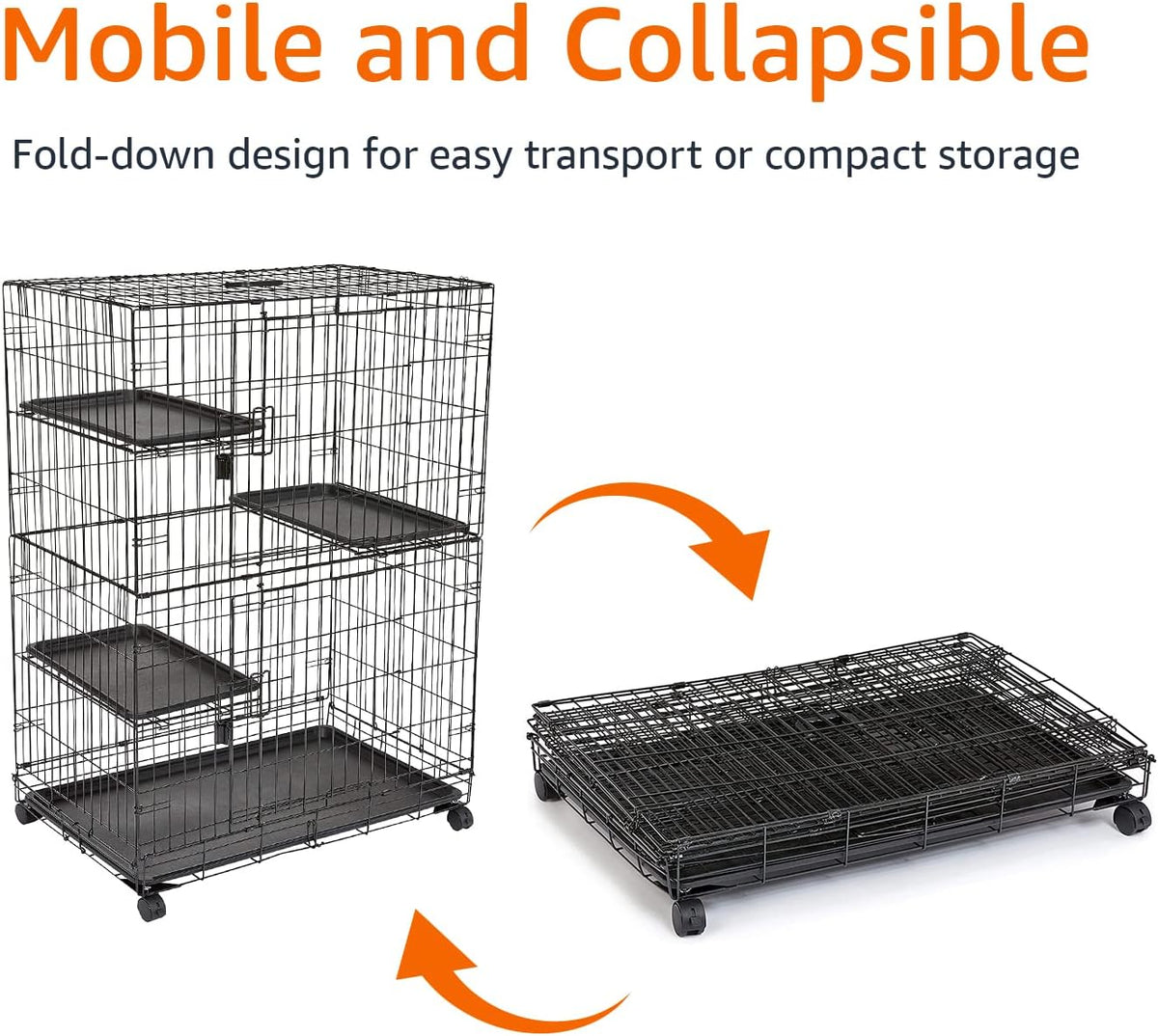 Amazon Basics Large 3-Tier Cat Cage Playpen with Easy to Clean Removable Tray, Front Doors, Portable, Foldable, 35.8" x 22.4" x 50.6", Black
