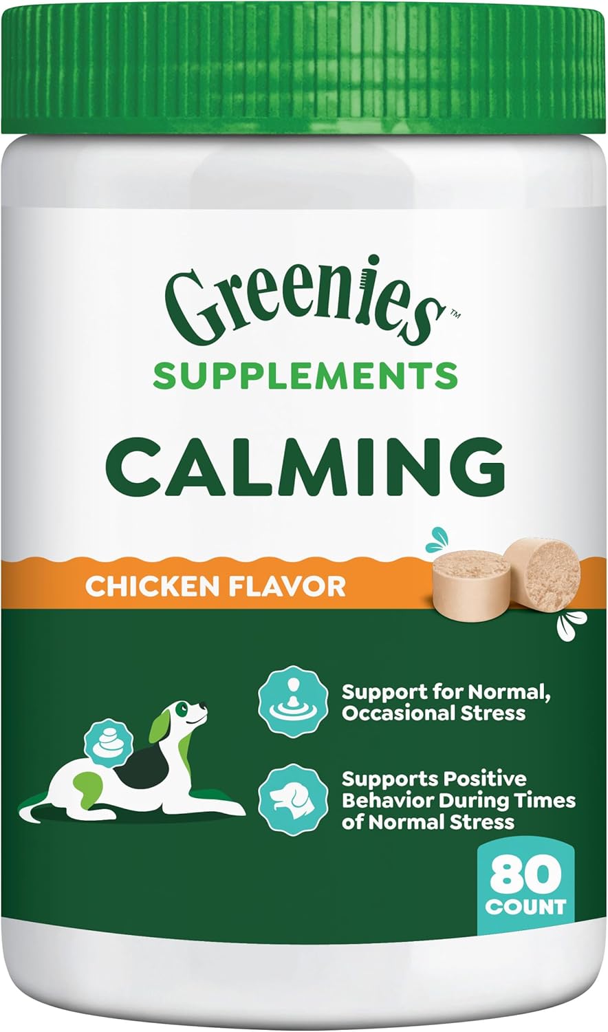 Greenies Supplements Calming Chews for Dogs, Chicken Flavor, 40 Count | L-Tryptophan & L-Theanine, supports positive behavior, made in USA, NASC Quality Seal, real chicken, no fillers