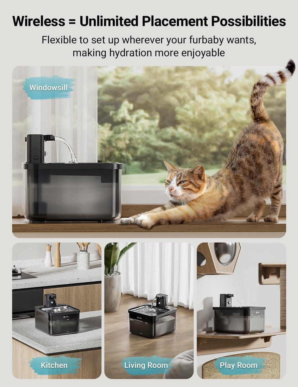DownyPaws Cat Water Fountain Cordless, Pet Fountain, 84oz/2.5L, Black Pro