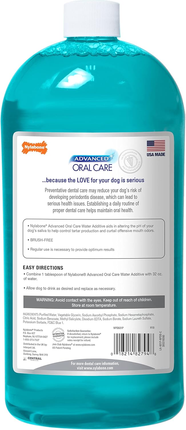 Nylabone Advanced Oral Care Pet Dental Water Additive, Liquid Tartar Remover & Breath Freshener for Dogs, Dog Teeth-Cleaning, Original Flavor, 32 oz. | Liquid tartar remover, breath freshener, original flavor