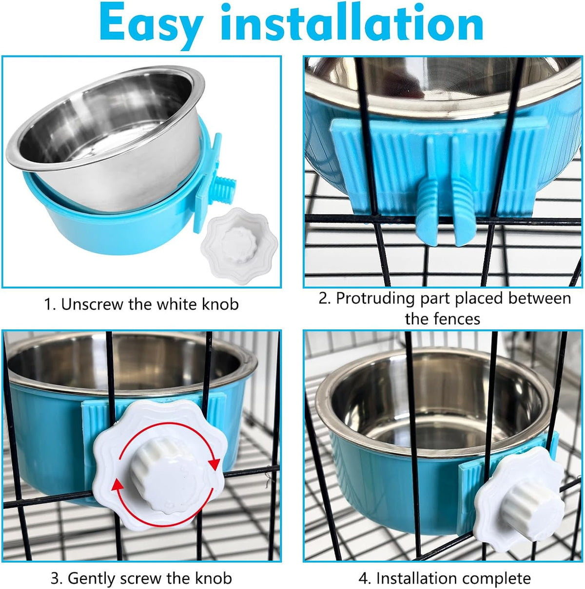kathson Crate Dog Bowl, Removable Stainless Steel Hanging Pet Kennel Cage Bowl Food & Water Feeder Coop Cup for Puppy, Cat, Rabbit, Guinea Pigs Ferret Bird (2 PCS, Size: M, Blue and Green)