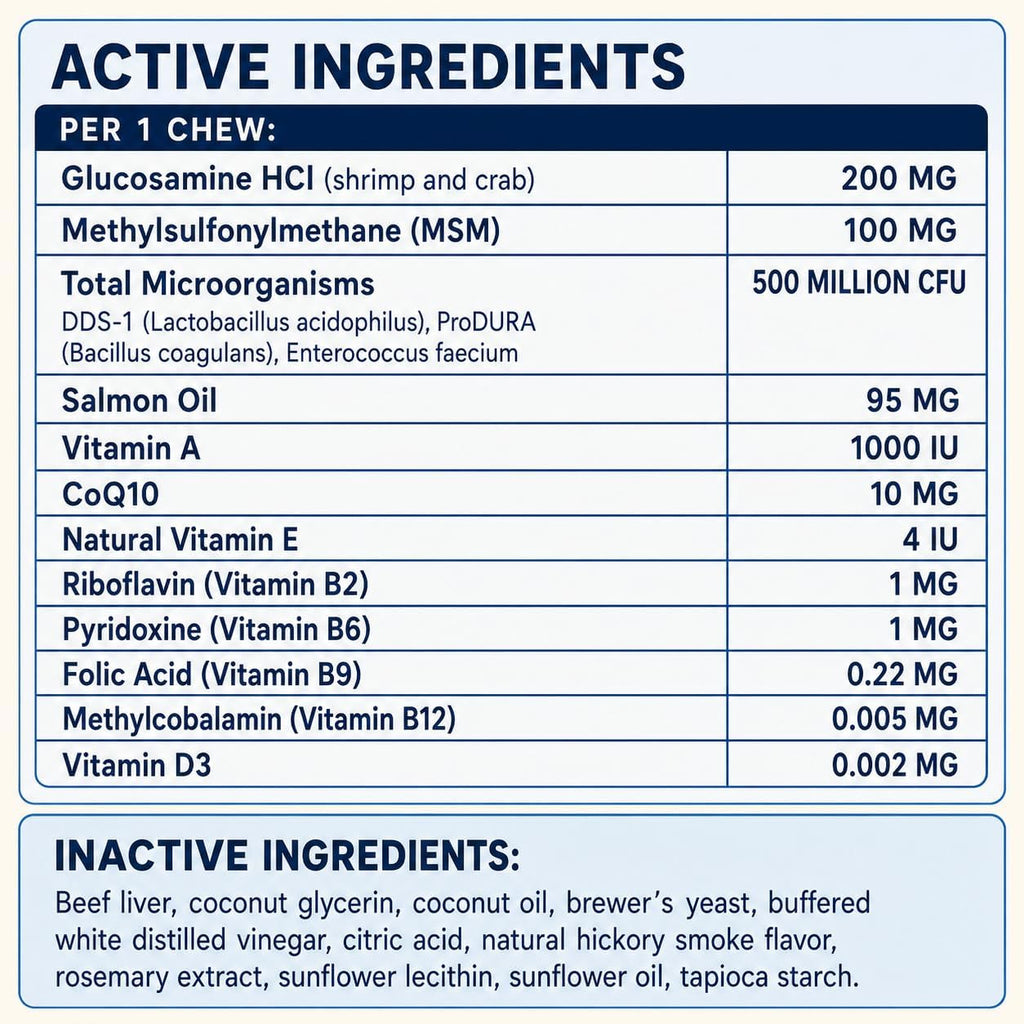 DM-01 Daily Multivitamin, Multivitamin Itch Relief Chews for Dog, Beef | 12-in-1 daily multivitamin chews with Salmon Oil, Probiotics, Glucosamine & Essential Vitamins for everyday dog wellness.