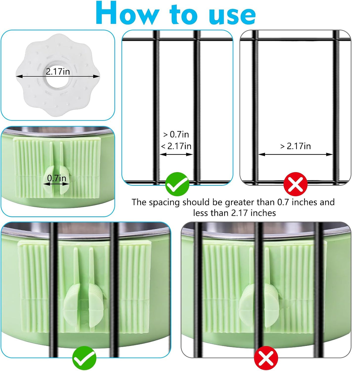 kathson Crate Dog Bowl, Removable Stainless Steel Hanging Pet Kennel Cage Bowl Food & Water Feeder Coop Cup for Puppy, Cat, Rabbit, Guinea Pigs Ferret Bird (2 PCS, Size: M, Blue and Green)