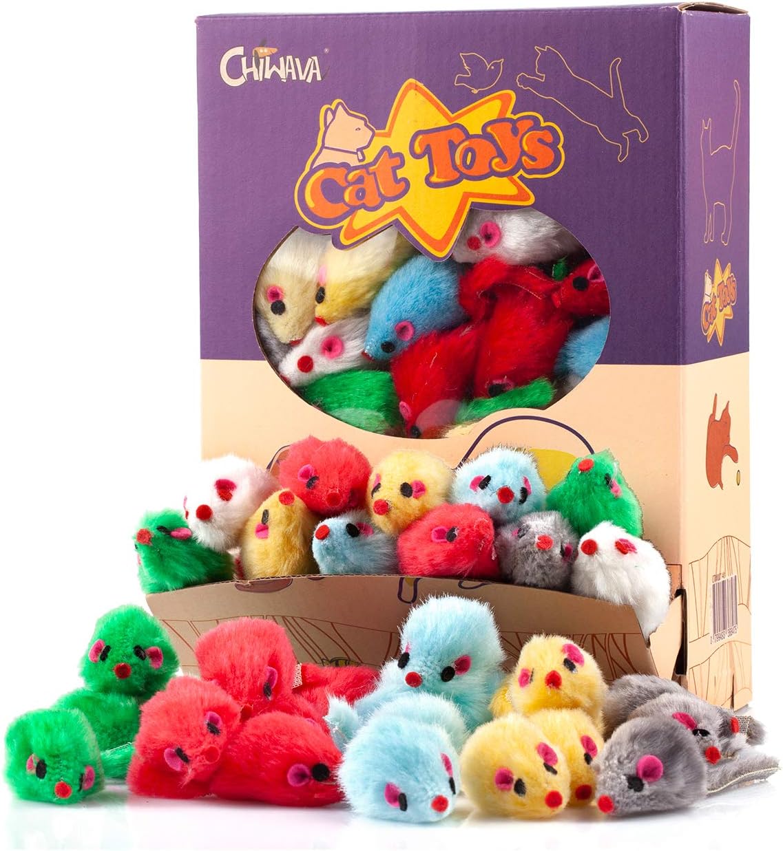 CHIWAVA 36PCS 4.1'' Furry Cat Toy Mice Rattle Small Mouse Interactive Play