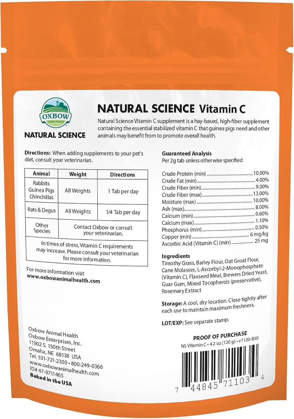Oxbow Vitamin C Guinea Pig Supplement, High-Fiber Timothy Hay, 4.2 oz