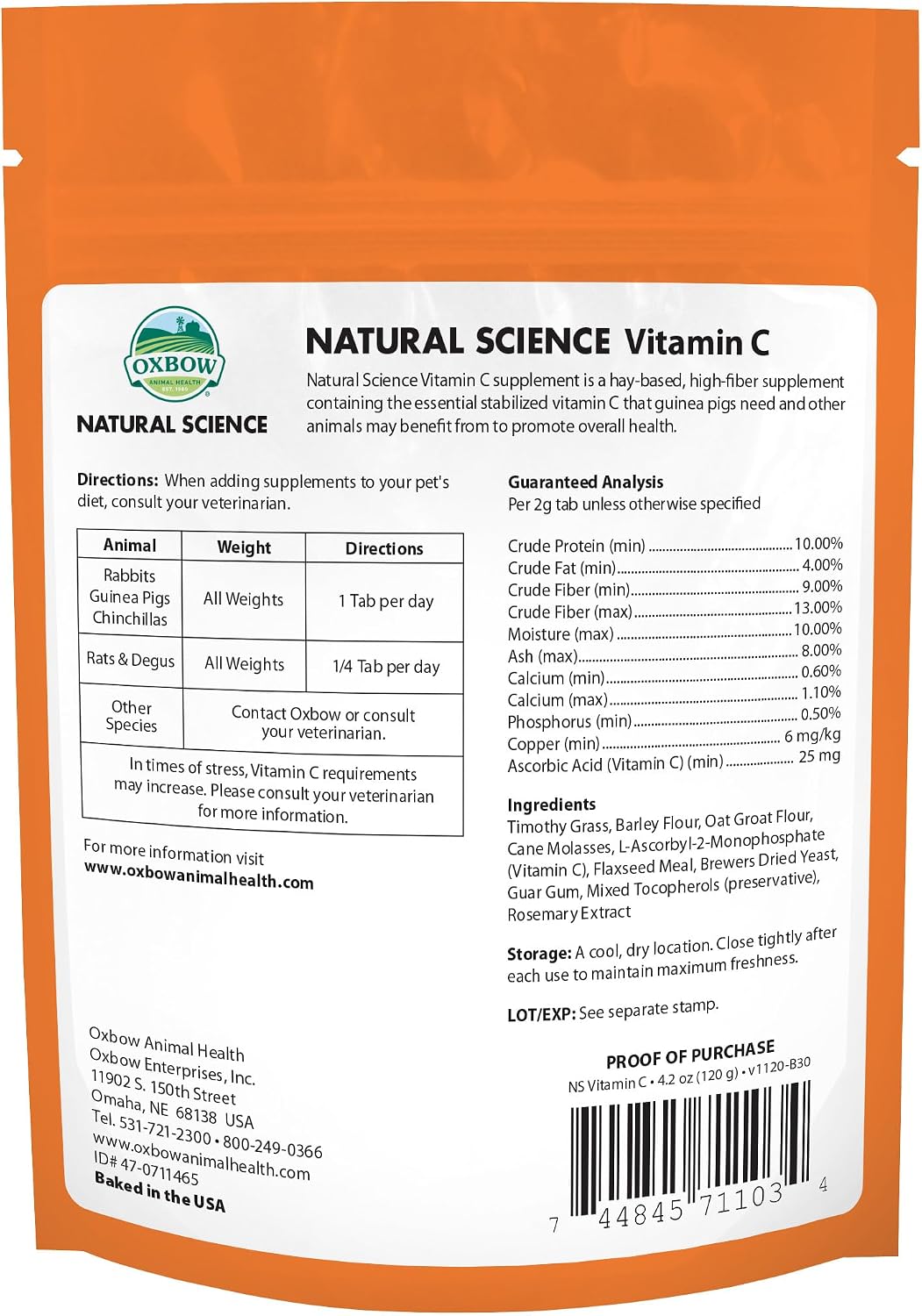 Oxbow Vitamin C Guinea Pig Supplement, High-Fiber Timothy Hay, 4.2 oz