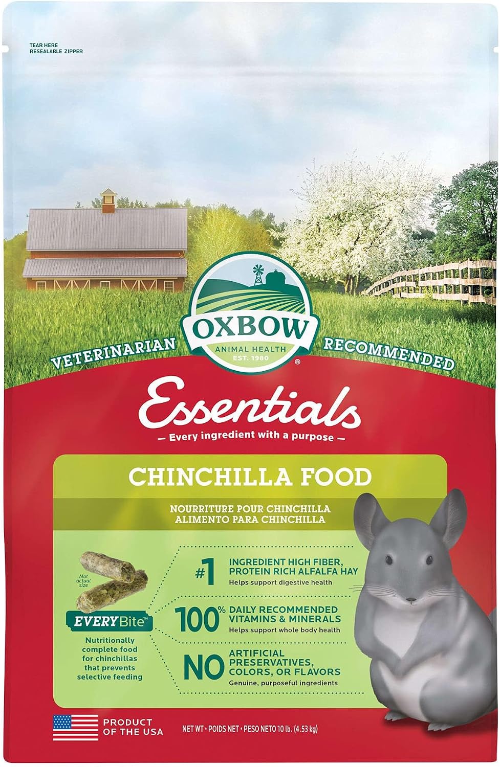 Oxbow Essentials Chinchilla Food, Made with Oxbow Alfalfa, Vitamin & Mineral Rich Food for Chinchillas, Small Animal Pet Pellets, Made in USA, High Fiber, 10 lb Bag