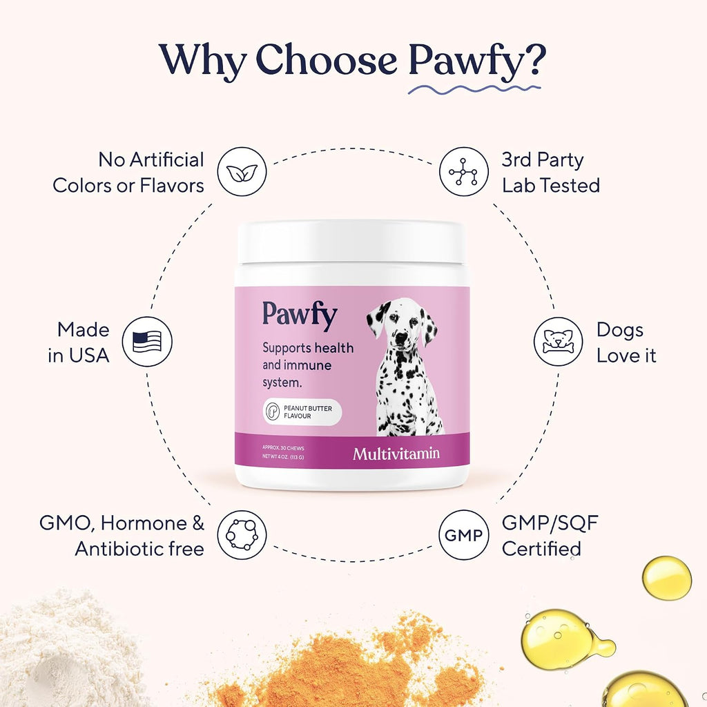 Pawfy 15 in 1 Dog Multivitamin - Skin, Coat & Immune Support Chews | Turmeric, Cod Liver Oil, Biotin & Vitamin C in One Daily Bite | Everyday Wellness for Healthy Pup or Senior Dog - 30 Chews