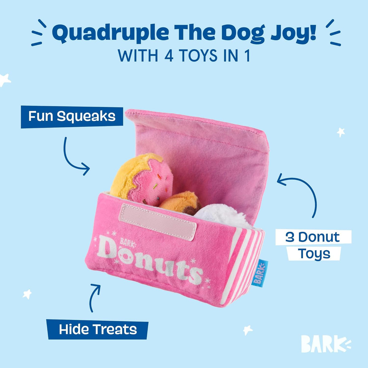 BarkBox Barker's Dozen Donuts 4-in-1 Interactive Plush Dog Toy | Squeaky Dog Toys with Crinkle Box - For Small Dogs and Puppies