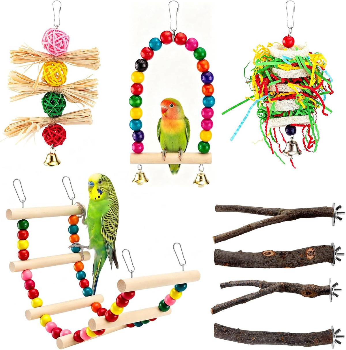 8 Pcs Natural Wood Bird Perch Set for Parakeets & Budgies