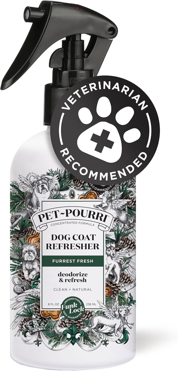 Poo-Pourri Furrest Fresh Dog Deodorizing Spray, 8 Fl Oz Grooming Perfume for Dog Coat, Pet Odor Neutralizer with Essential Oils, Vet Recommended, Paraben & Sulfate-Free Fir, Amber, & Cedarwood Scent