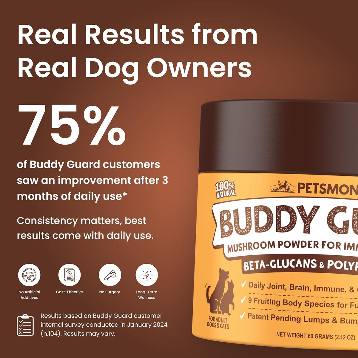 Petsmont Buddy Guard for Lumps and Bumps, Lipoma for Dogs & Cats, Patent Pending Organic 9 Mushroom Powder Blend Natural Dog Probiotic & Immune Support Chaga, Reishi, Lion's Mane, Turkey Tail Mushroom
