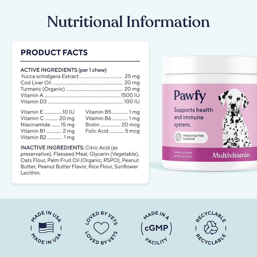 Pawfy 15 in 1 Dog Multivitamin - Skin, Coat & Immune Support Chews | Turmeric, Cod Liver Oil, Biotin & Vitamin C in One Daily Bite | Everyday Wellness for Healthy Pup or Senior Dog - 30 Chews